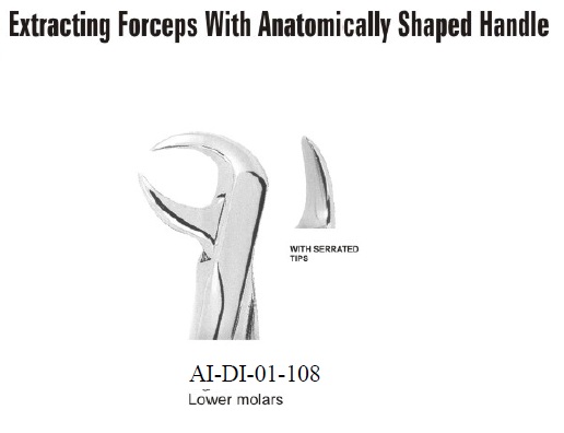Extracting forceps lower molars with serrated tips anatomically shaped handle